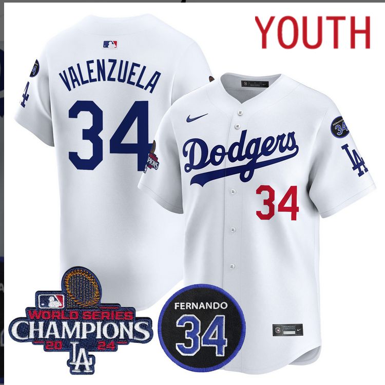 Youth  MLB Los Angeles Dodgers #34 Valenzuela white 2024 World Series Champions Patch Limited Jersey->youth mlb jersey->Youth Jersey